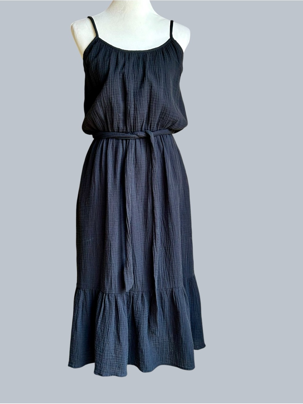 Evereve Black Spaghetti-Strap Midi Dress with Tie Waist